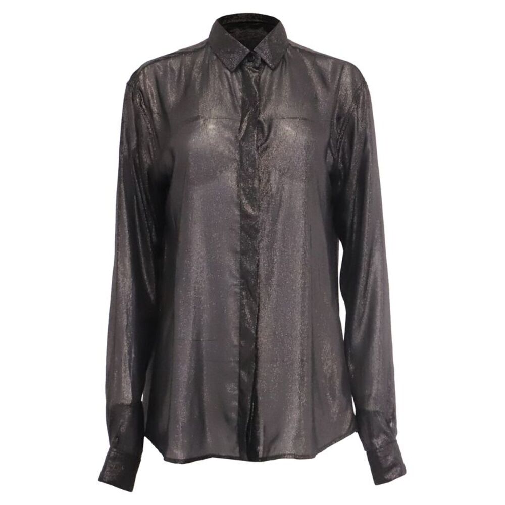 Saint Laurent Glitter-Accent Long Sleeve Blouse in Black Silk